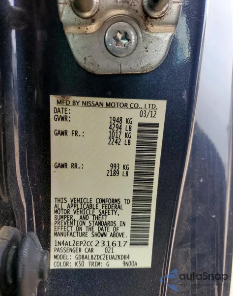 2012 Nissan Altima S z USA, uszkodzony, nr VIN 1N4AL2EP2CC231617